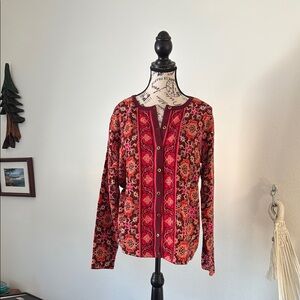 Isaac Mizrahi Red and Orange Cardigan Sweater with Nordic Pattern